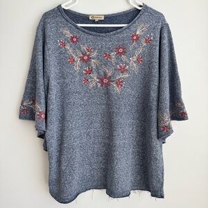 Democracy Women's Gray Top with Red Floral Embroidery